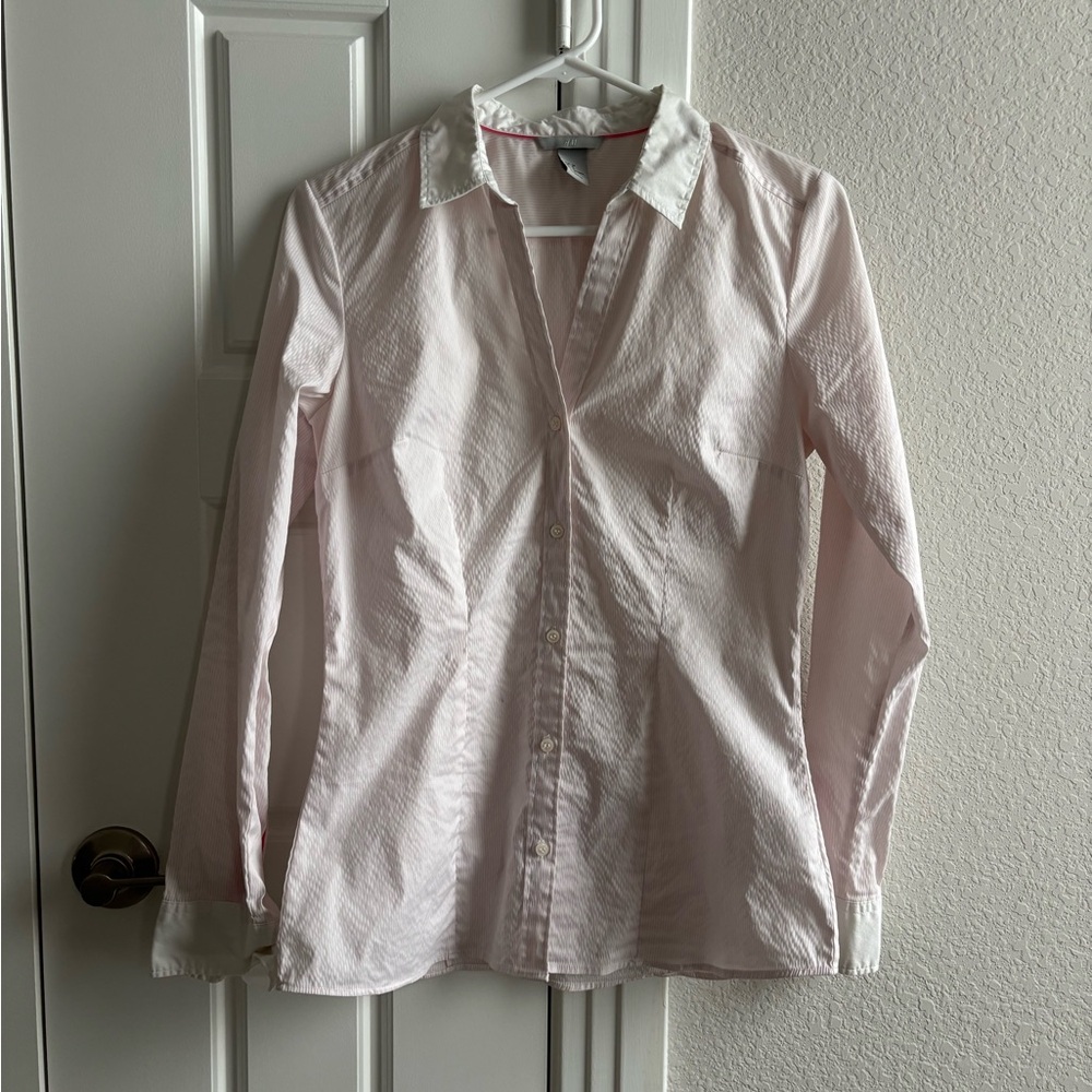 H&M button-up blouse; pink and white stripes (size 8 US)